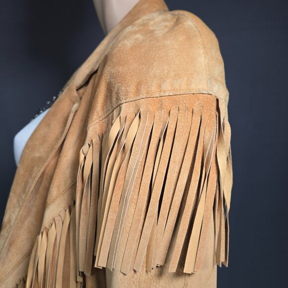Vintage 90s Fringed Suede Jacket Size M Tan Brown Western Boho Hippie Festival - Picture 5 of 16